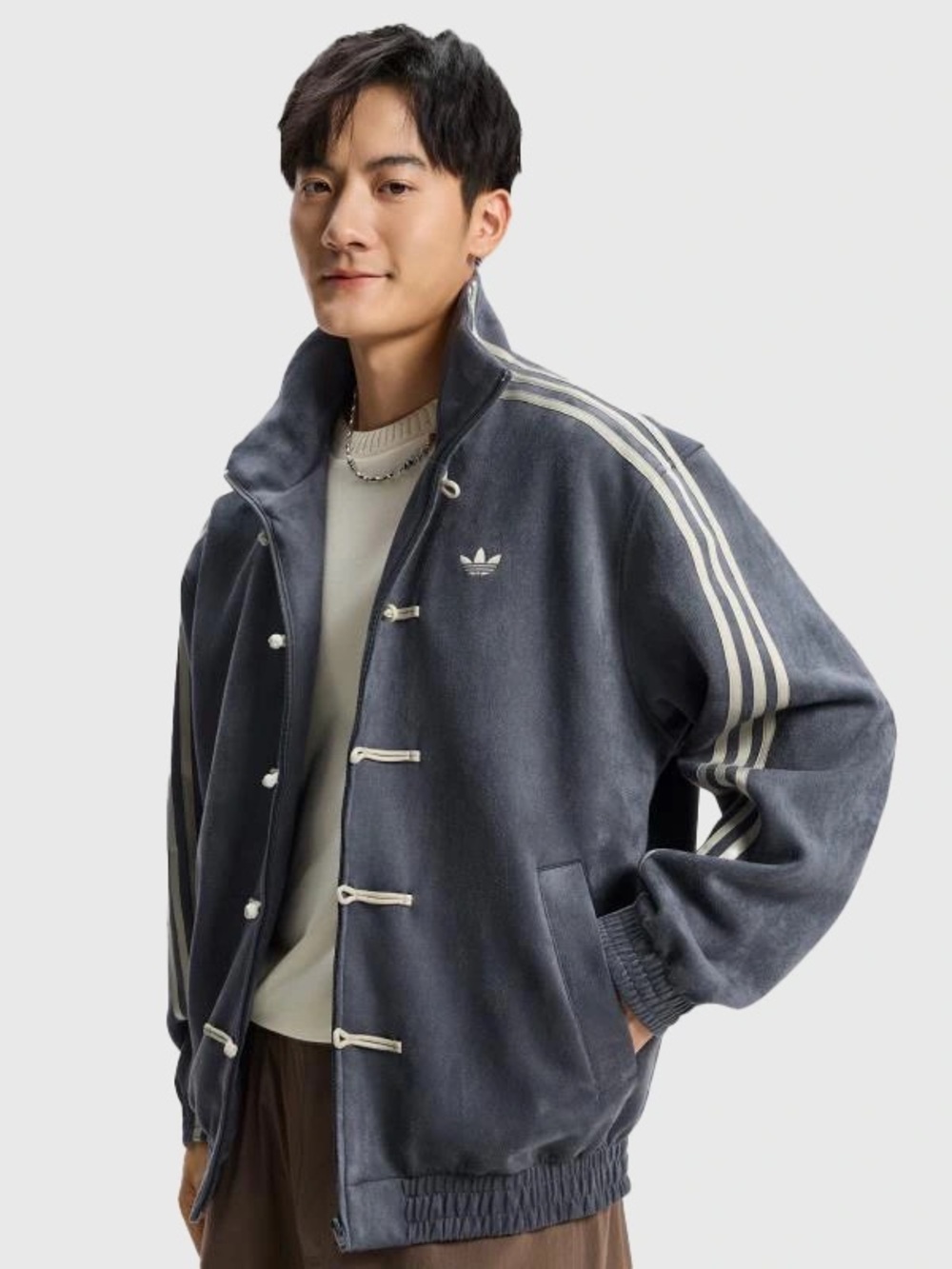 adidas Men's Slate Gray Track Bomber with White Stripes